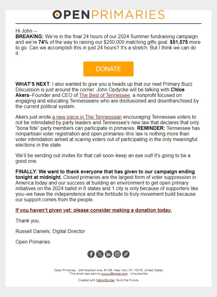 Screenshot of the email generated on import
