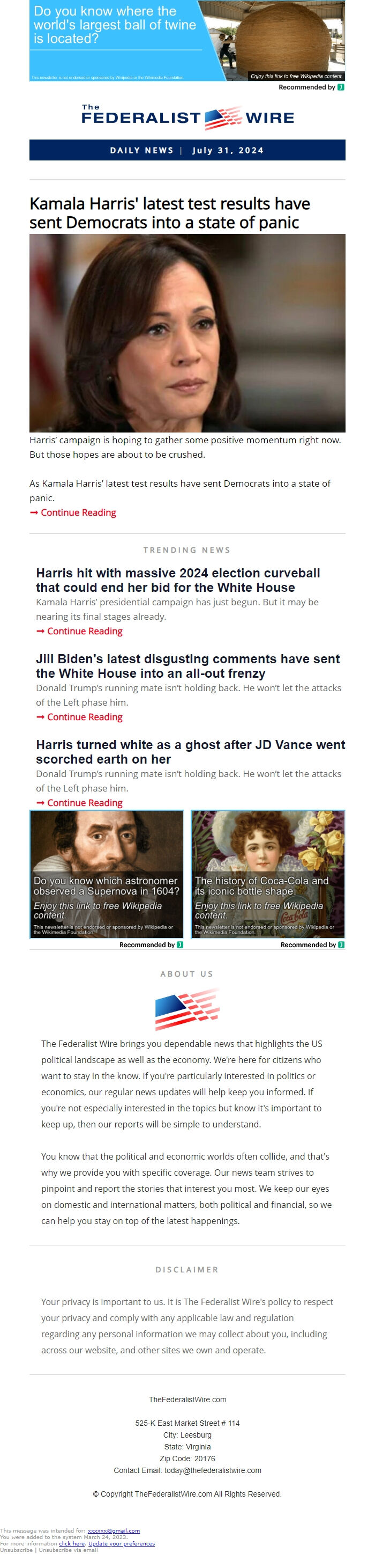 Screenshot of the email generated on import