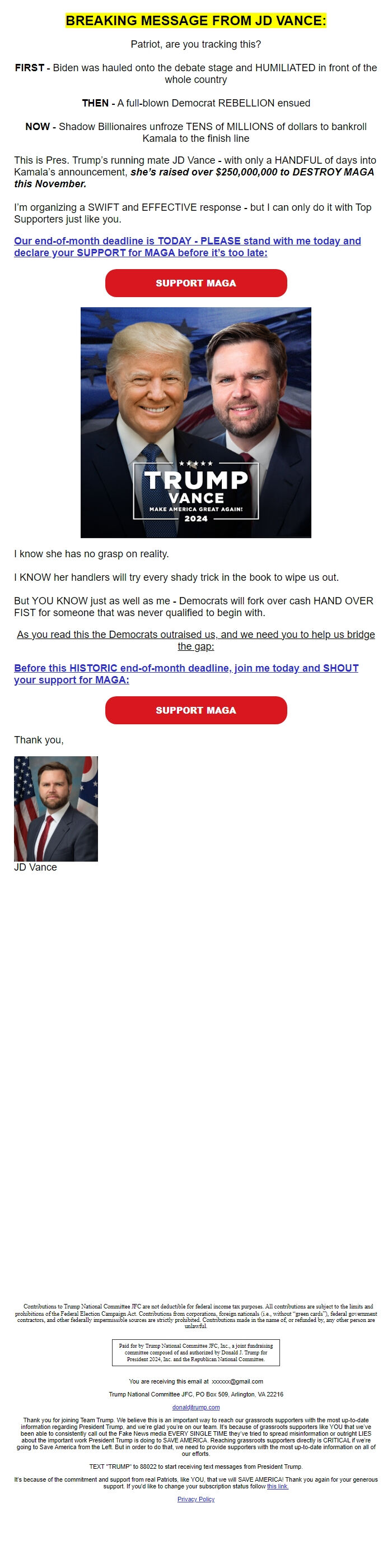 Screenshot of the email generated on import