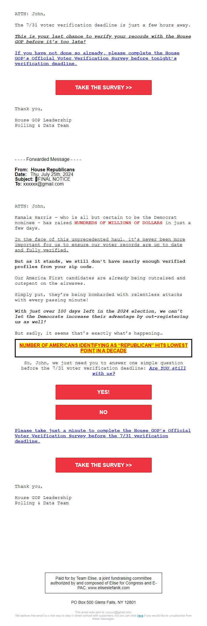 Screenshot of the email generated on import