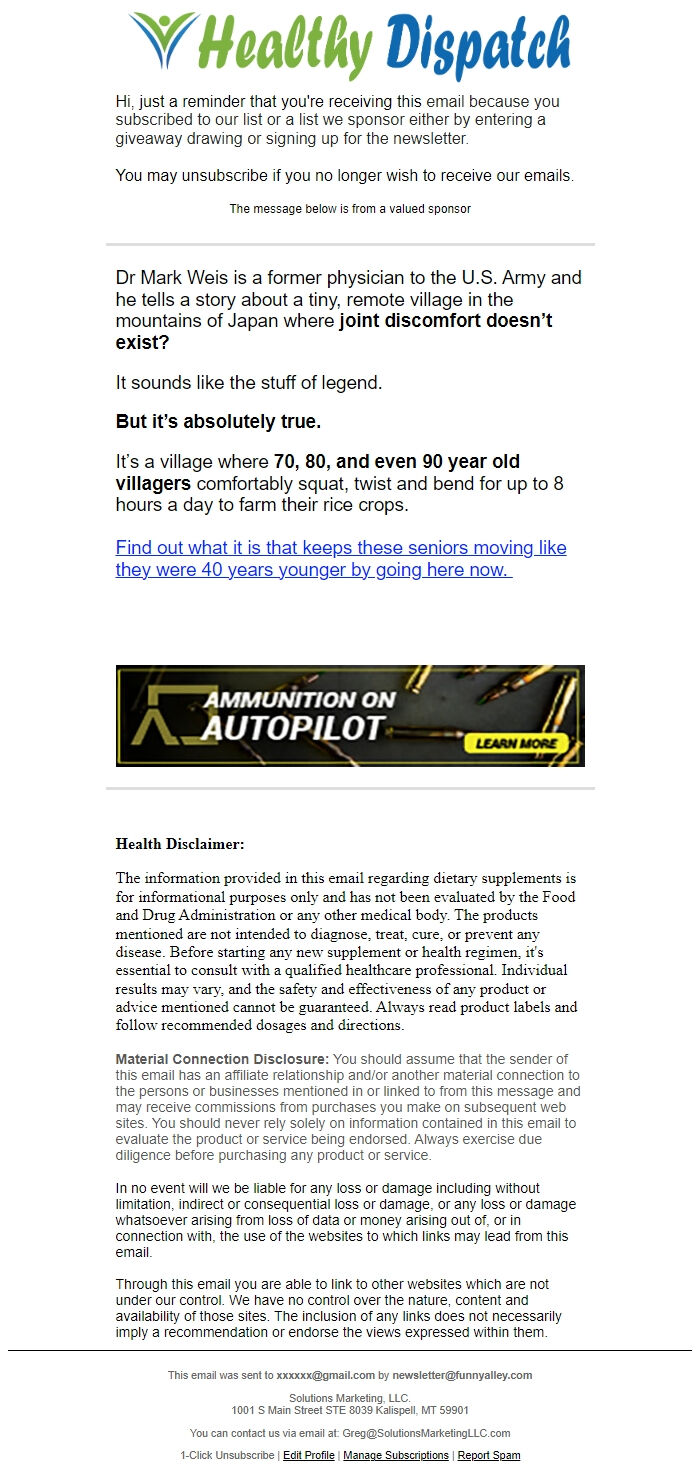 Screenshot of the email generated on import