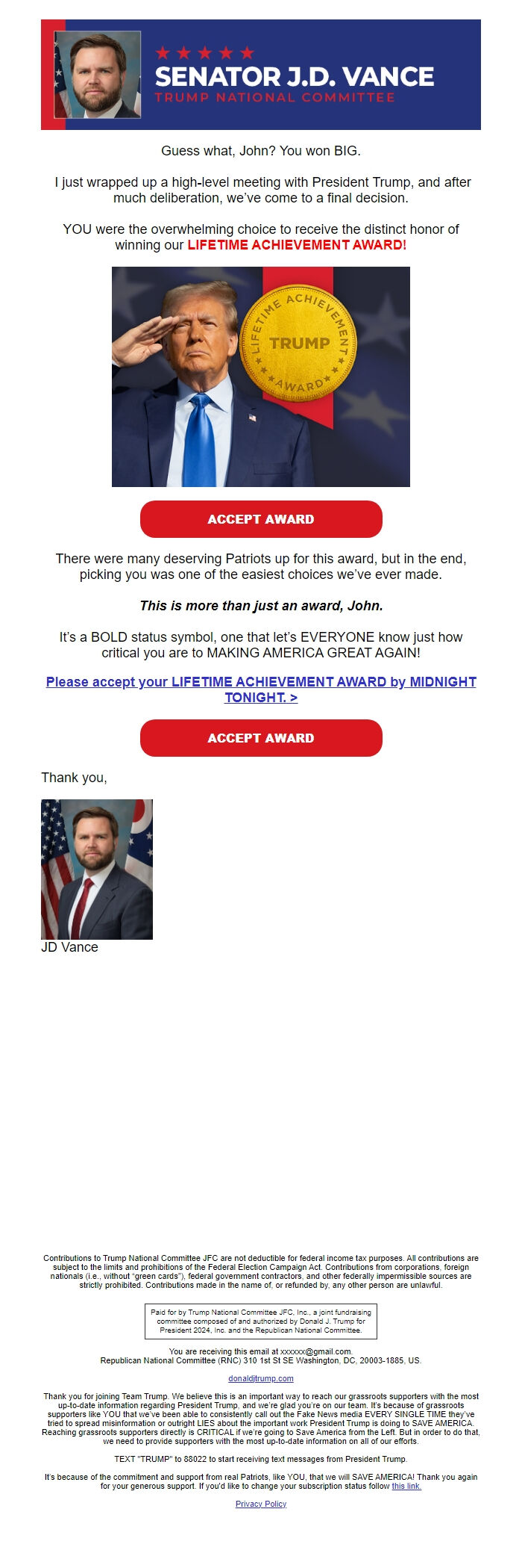 Screenshot of the email generated on import