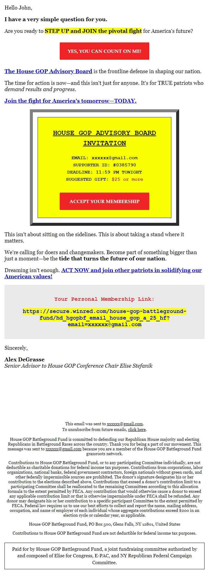 Screenshot of the email generated on import
