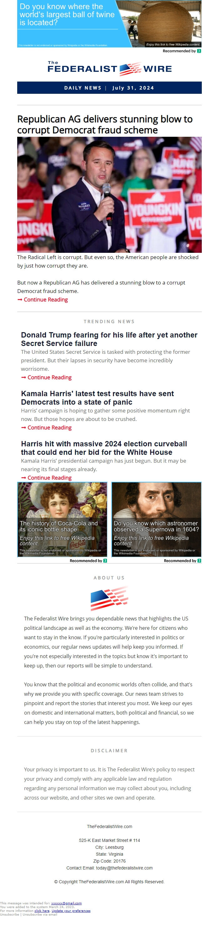 Screenshot of the email generated on import