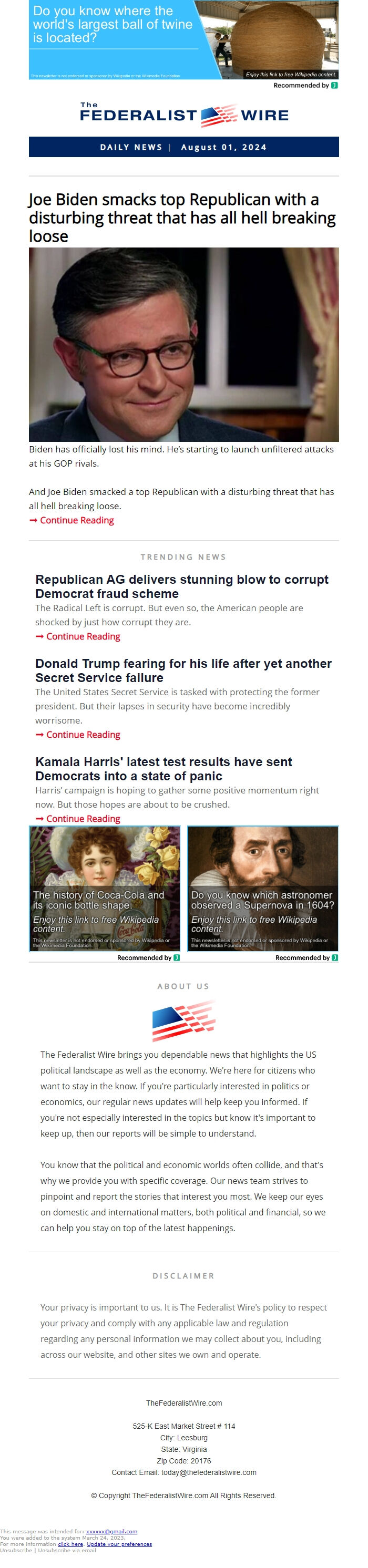 Screenshot of the email generated on import