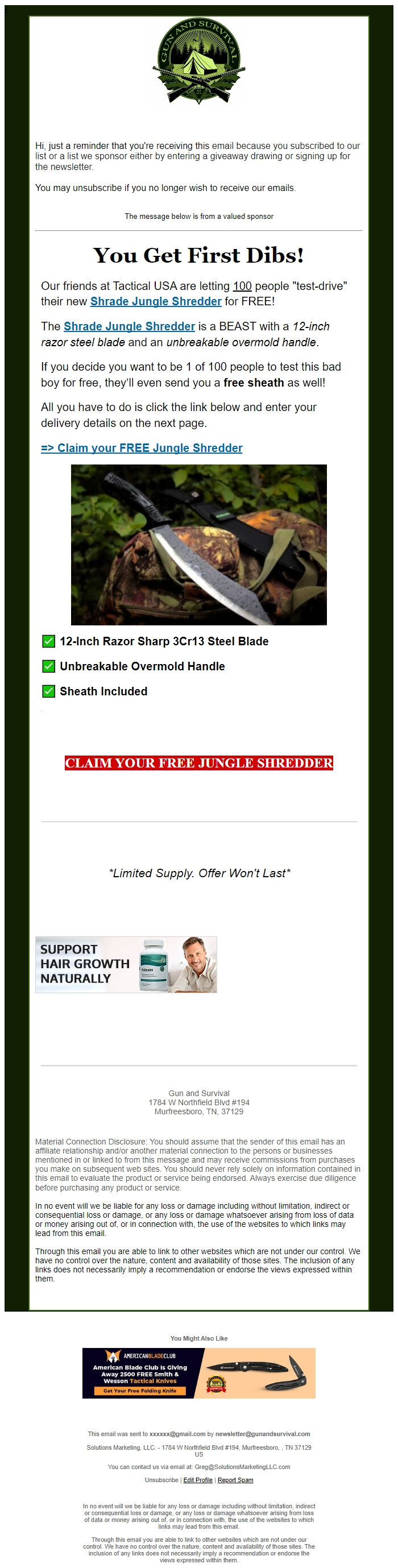 Screenshot of the email generated on import