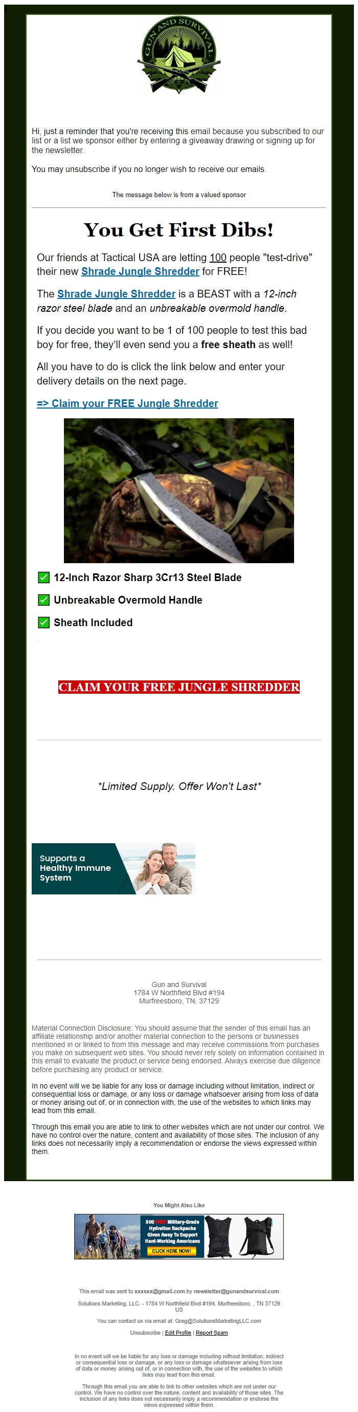 Screenshot of the email generated on import
