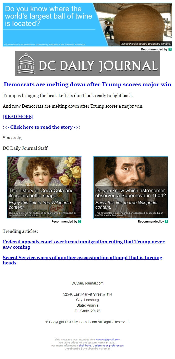 Screenshot of the email generated on import