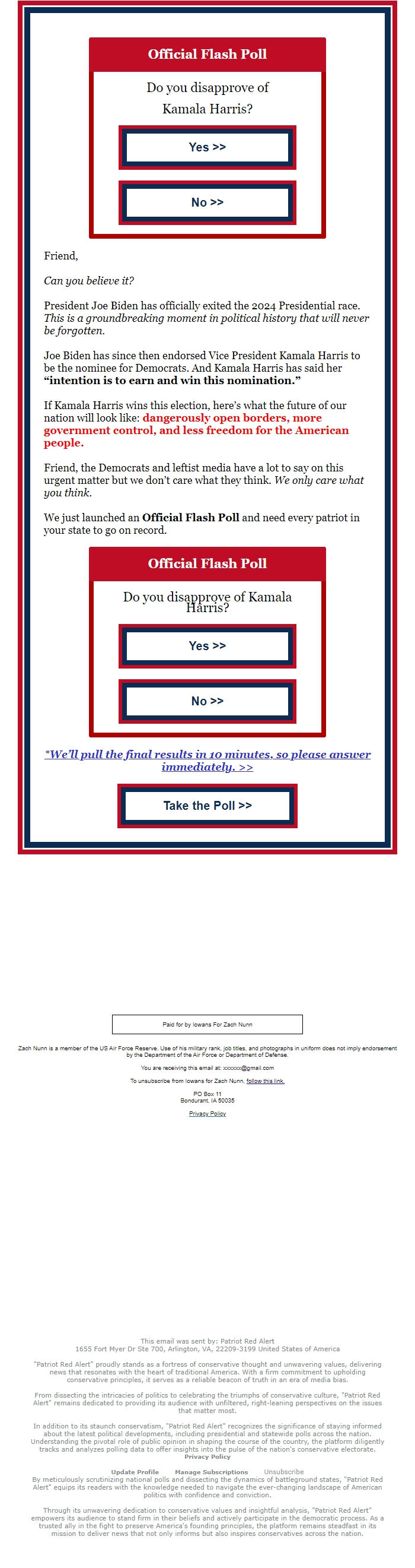 Screenshot of the email generated on import