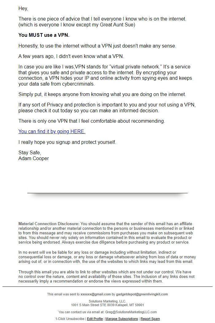 Screenshot of the email generated on import