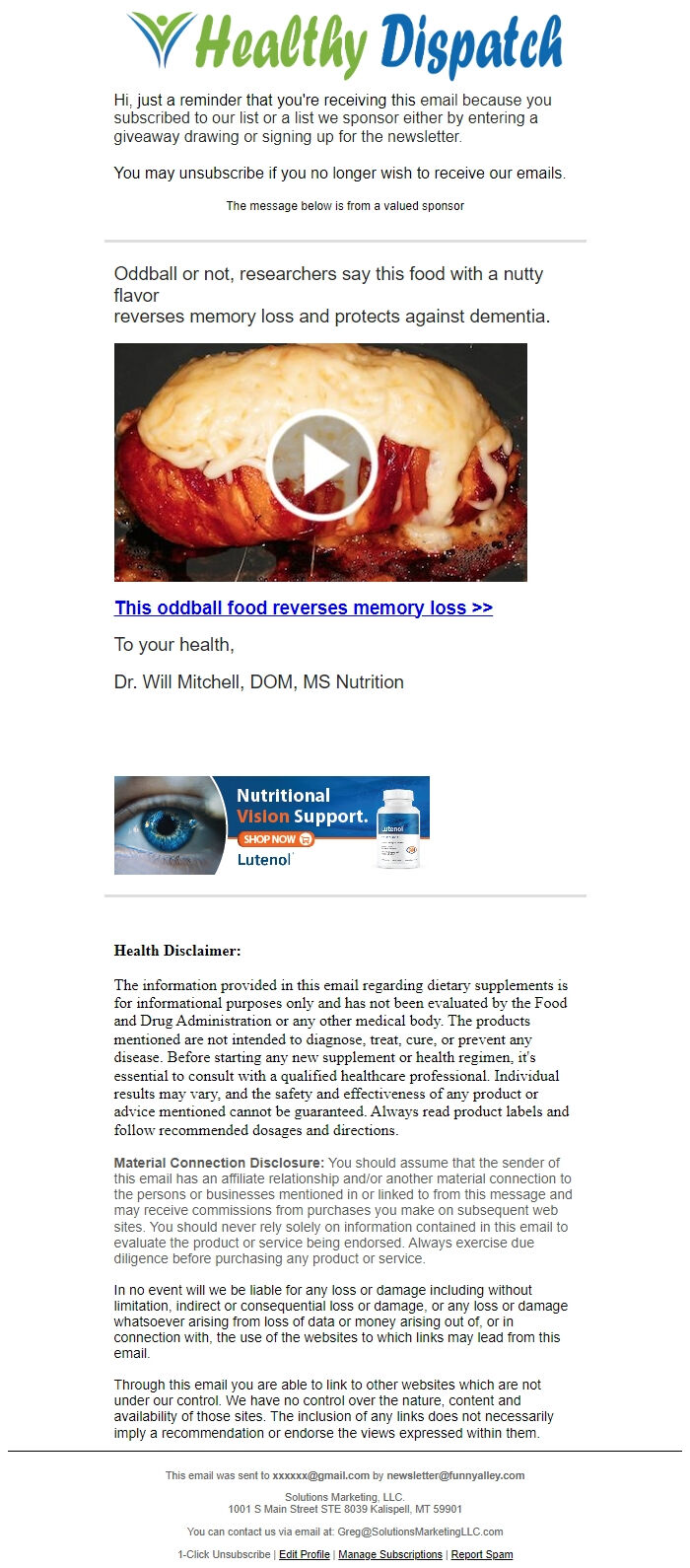 Screenshot of the email generated on import