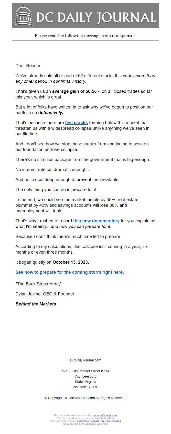 Screenshot of the email generated on import