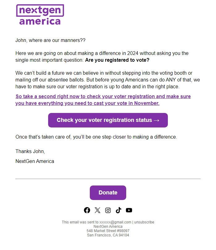 Screenshot of the email generated on import