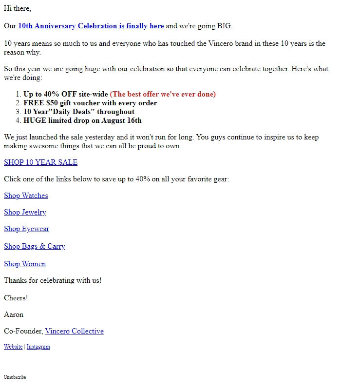 Screenshot of the email generated on import