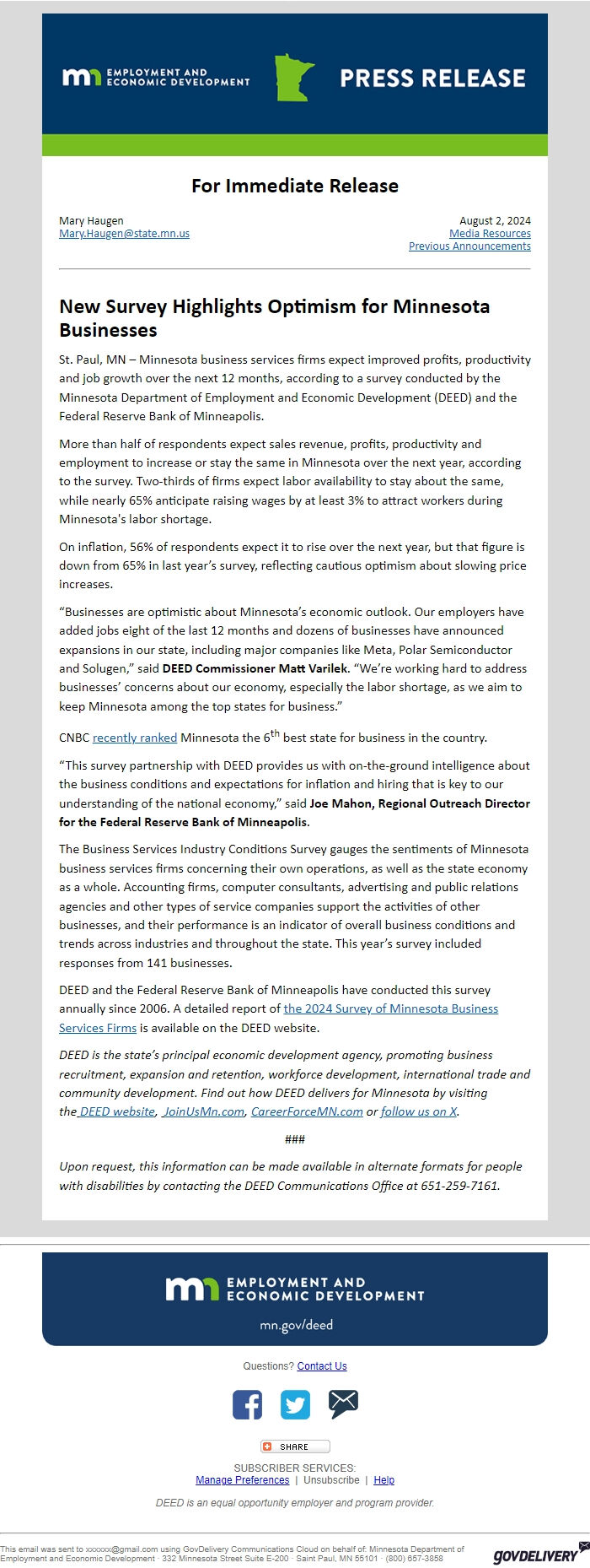 Screenshot of the email generated on import