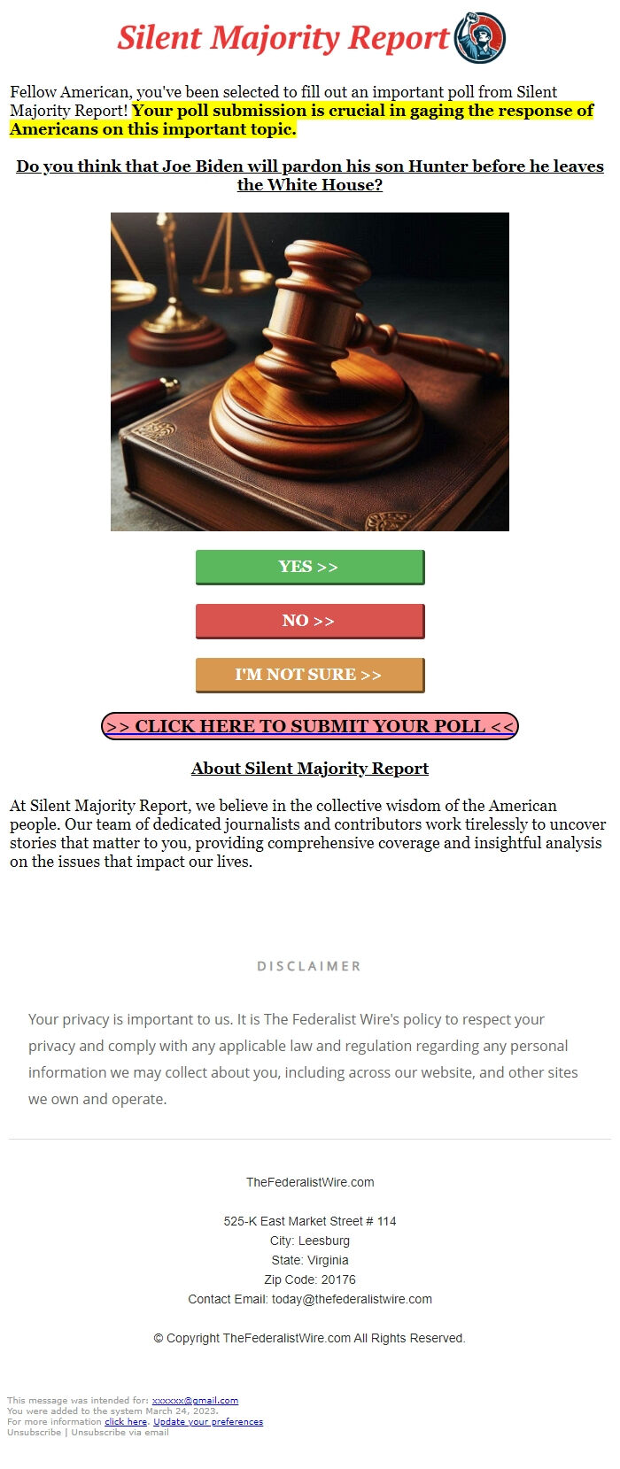 Screenshot of the email generated on import