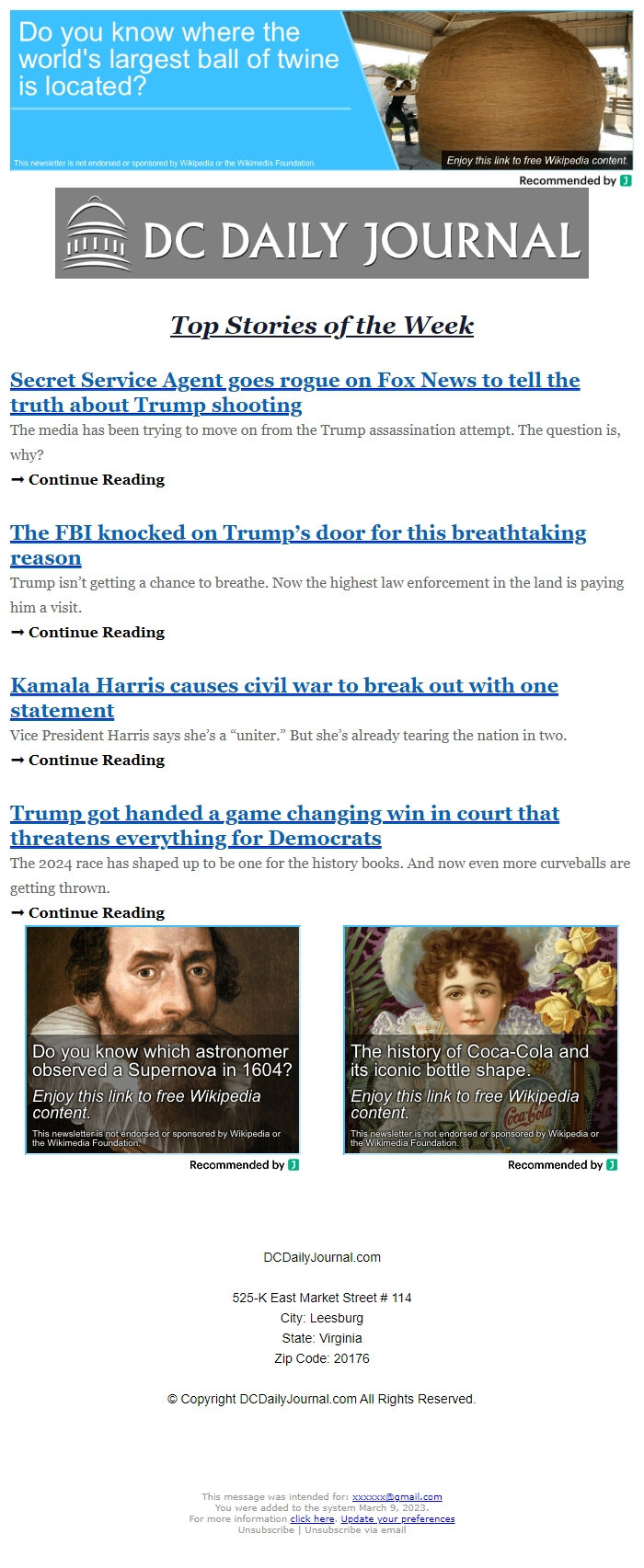Screenshot of the email generated on import