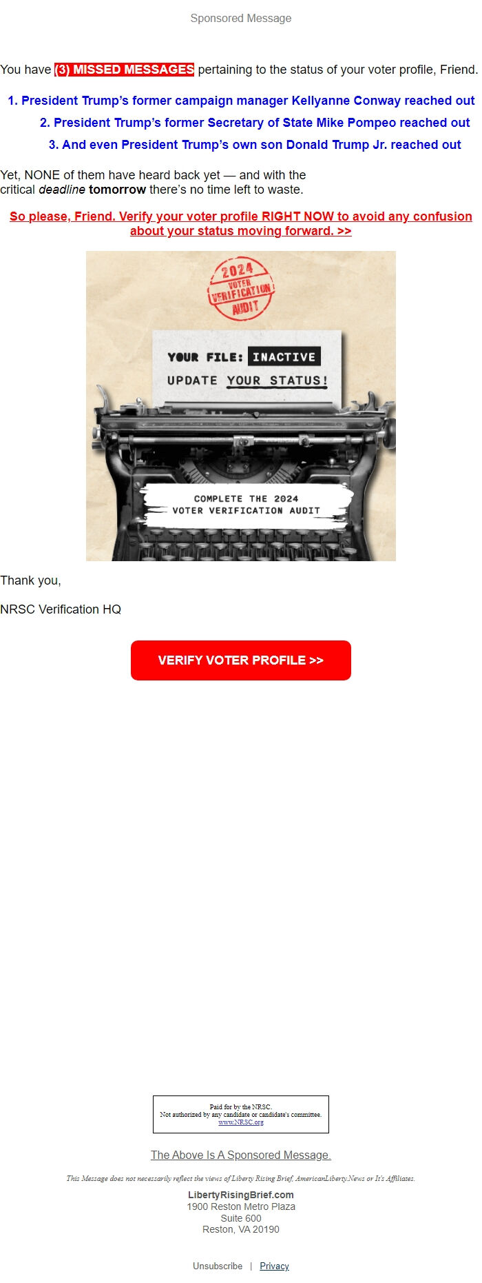 Screenshot of the email generated on import