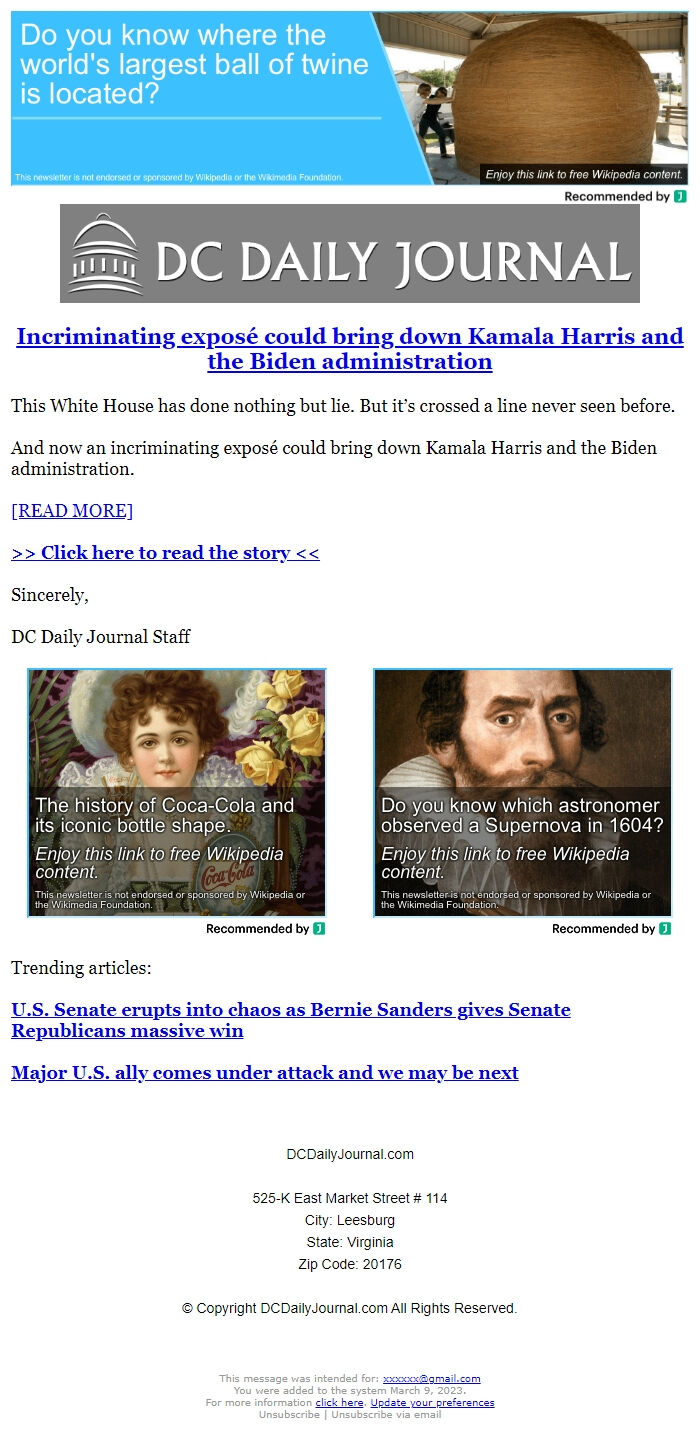 Screenshot of the email generated on import