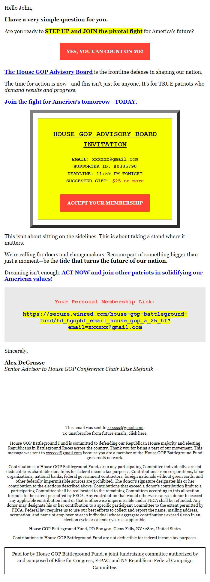 Screenshot of the email generated on import