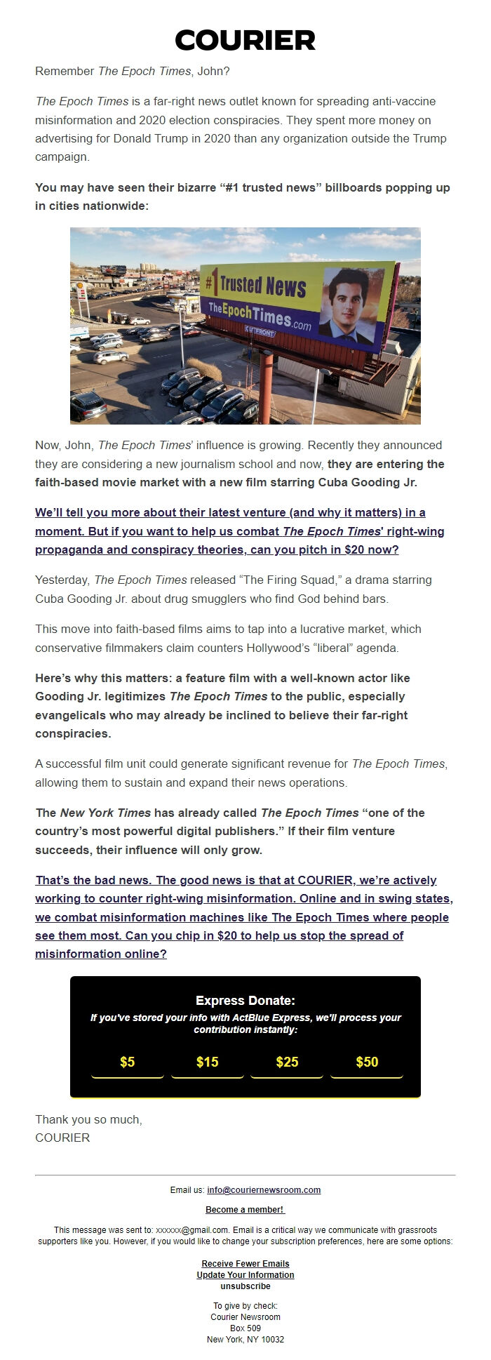 Screenshot of the email generated on import