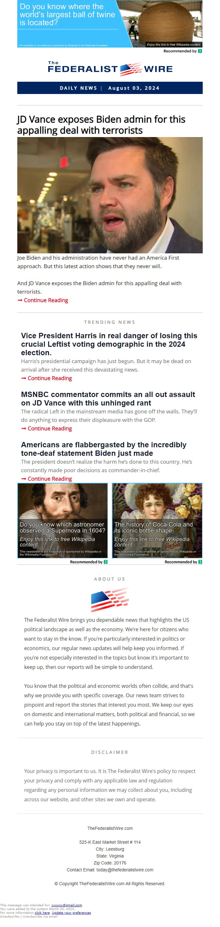 Screenshot of the email generated on import