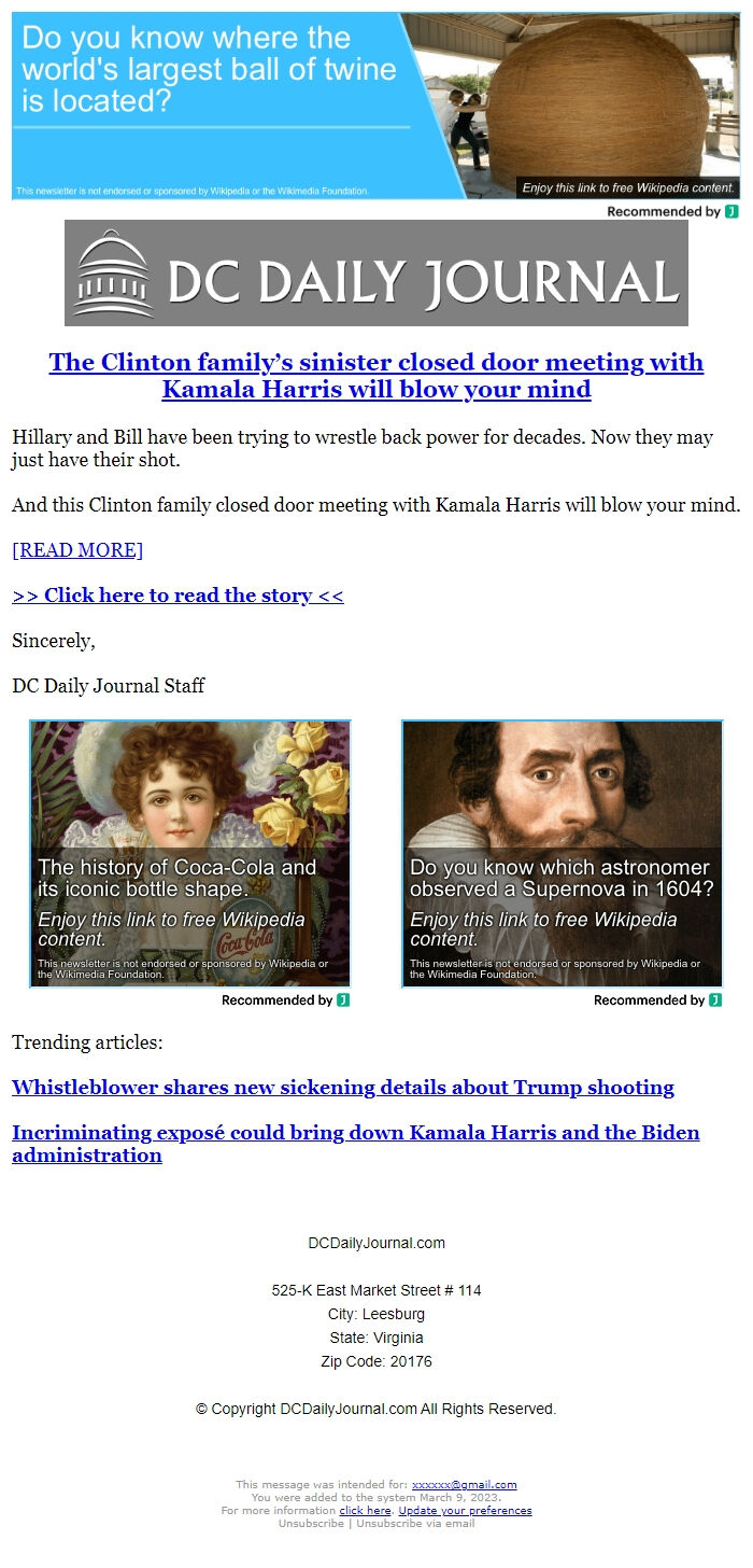 Screenshot of the email generated on import