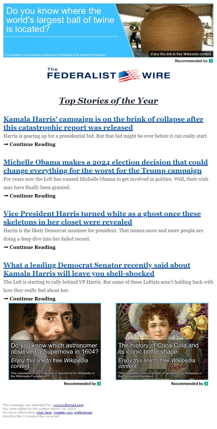 Screenshot of the email generated on import