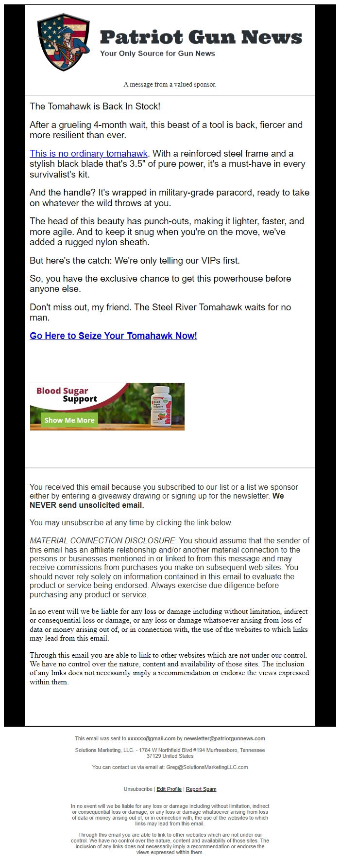 Screenshot of the email generated on import