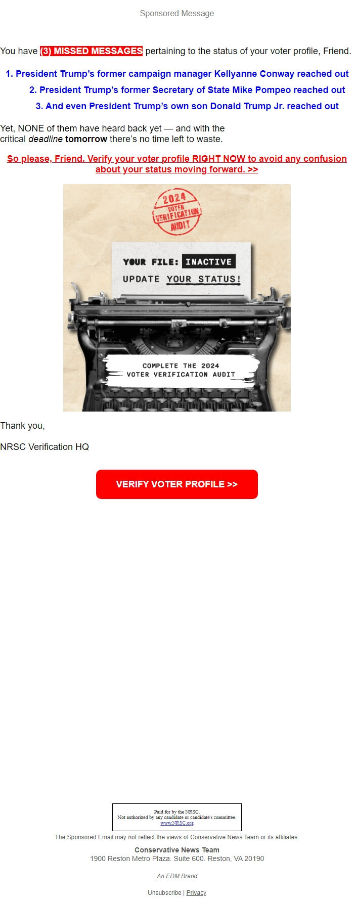 Screenshot of the email generated on import