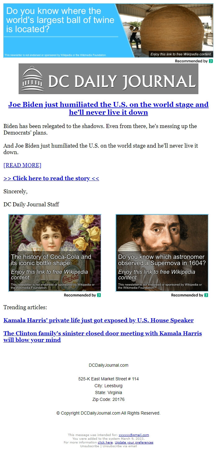 Screenshot of the email generated on import