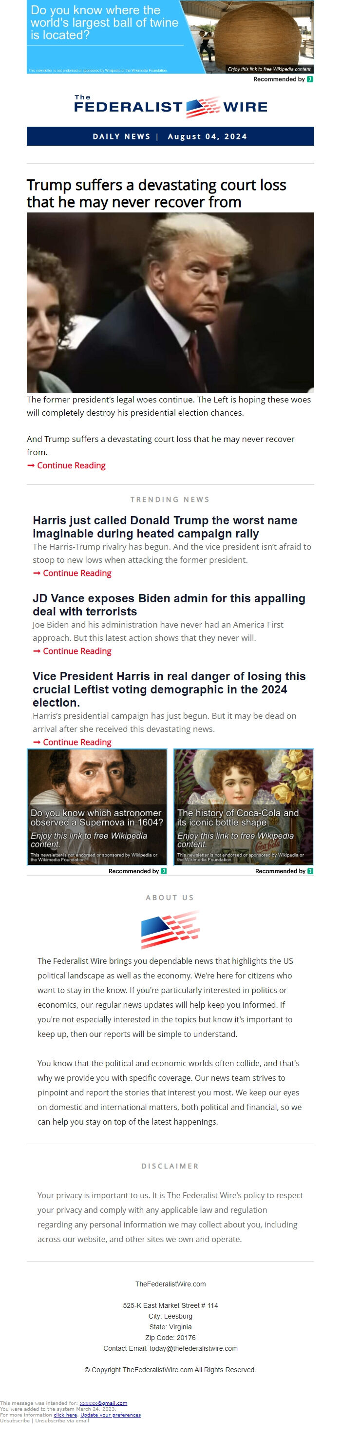 Screenshot of the email generated on import