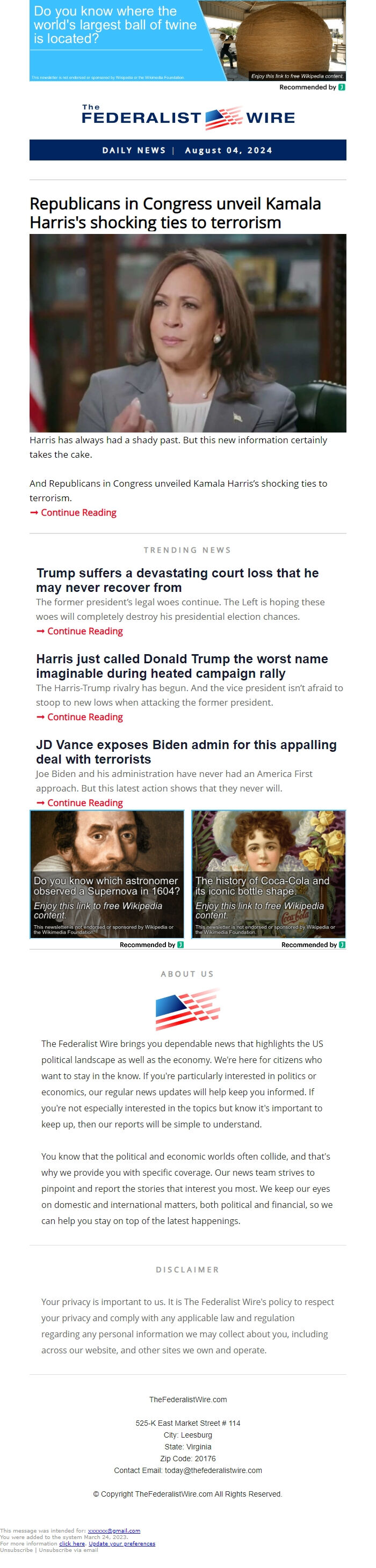 Screenshot of the email generated on import