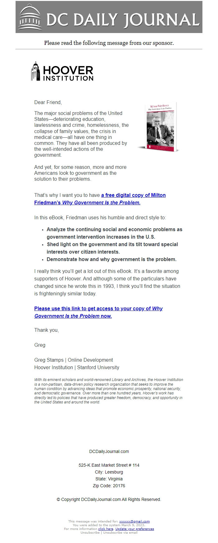 Screenshot of the email generated on import