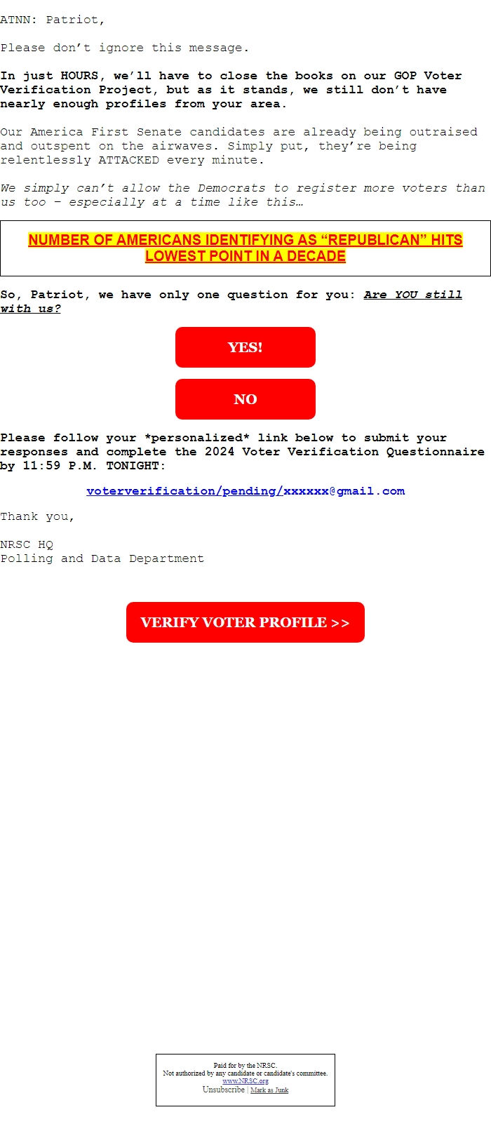 Screenshot of the email generated on import