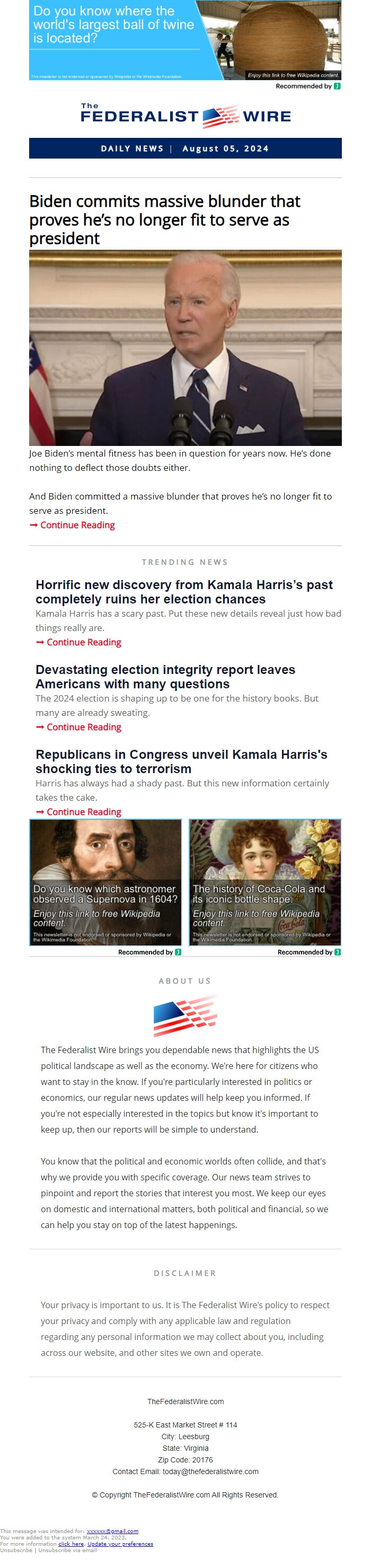 Screenshot of the email generated on import