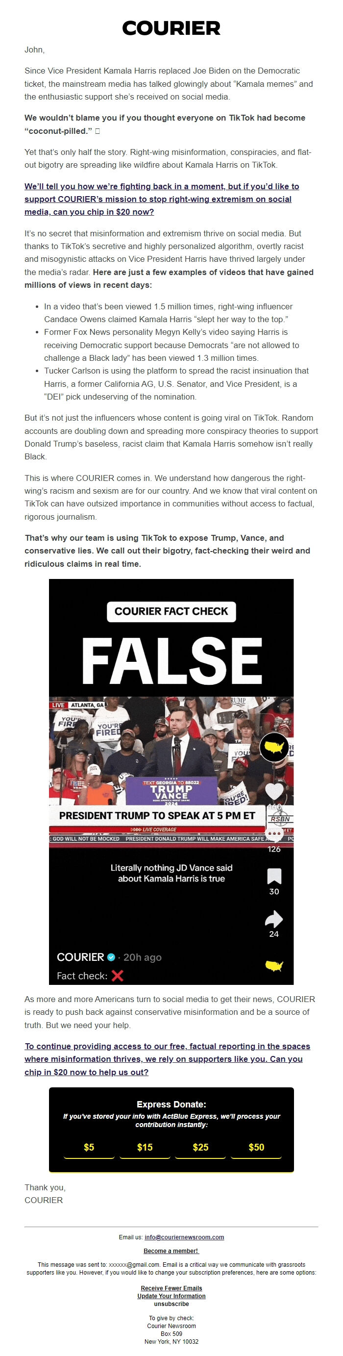 Screenshot of the email generated on import