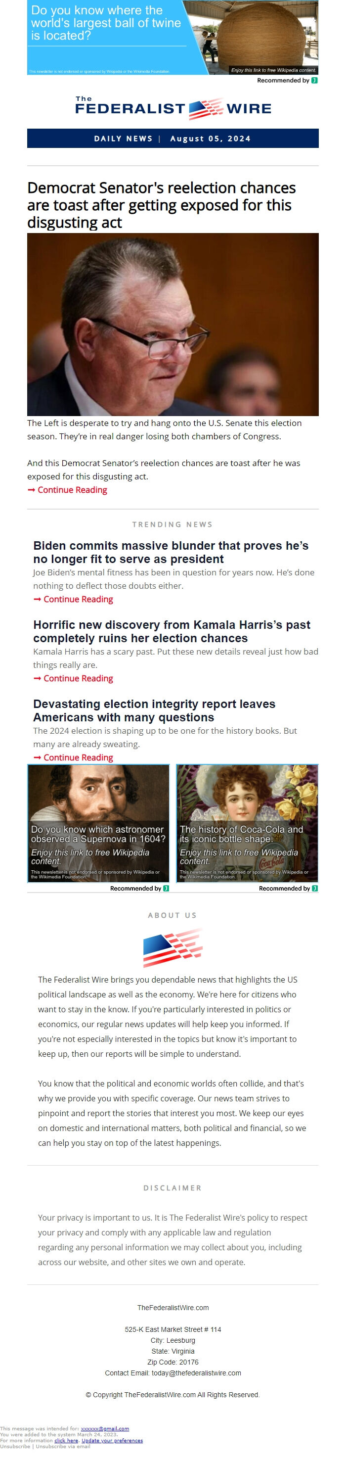 Screenshot of the email generated on import