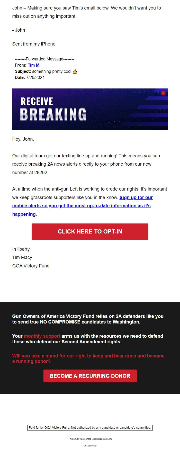 Screenshot of the email generated on import