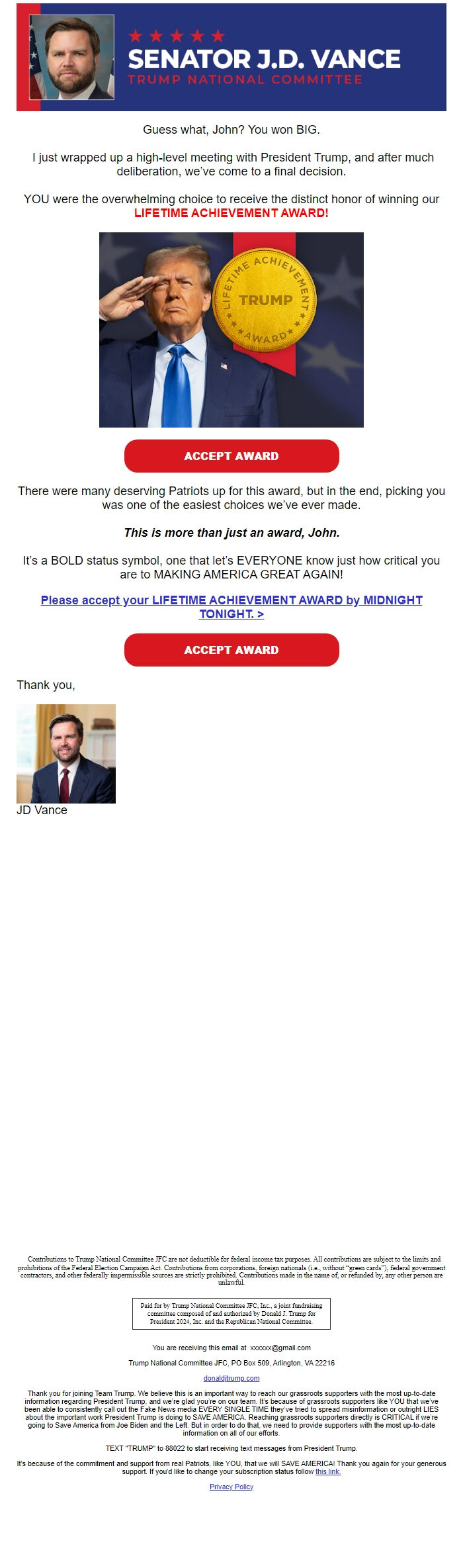 Screenshot of the email generated on import