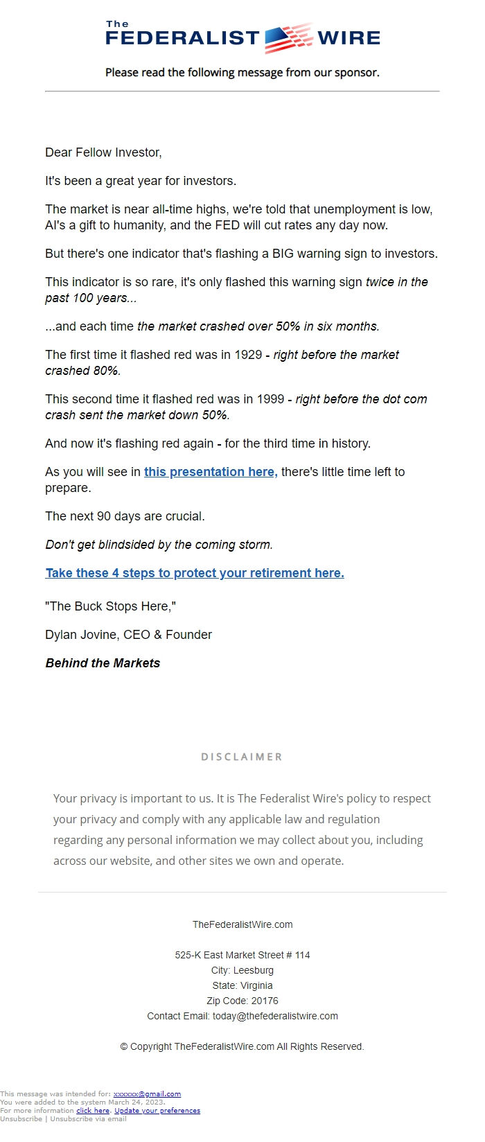 Screenshot of the email generated on import