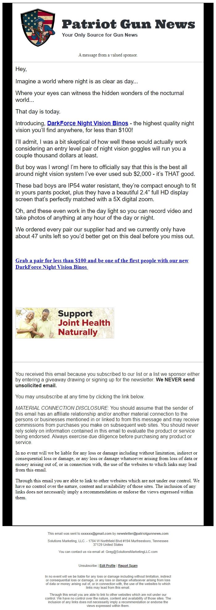 Screenshot of the email generated on import