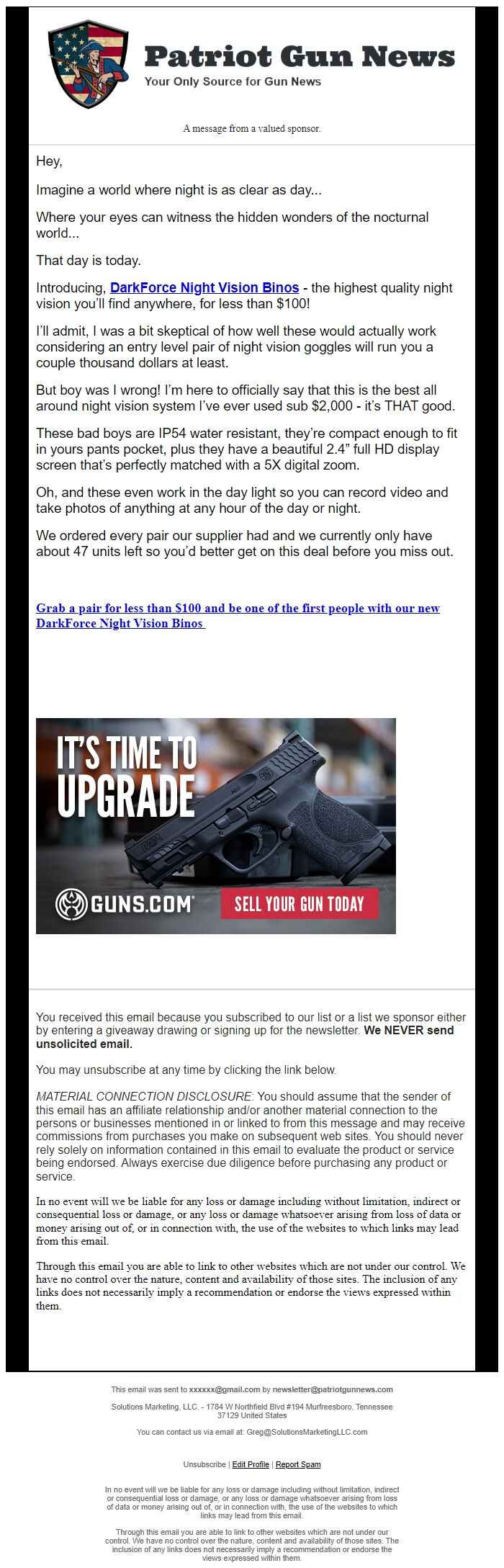 Screenshot of the email generated on import