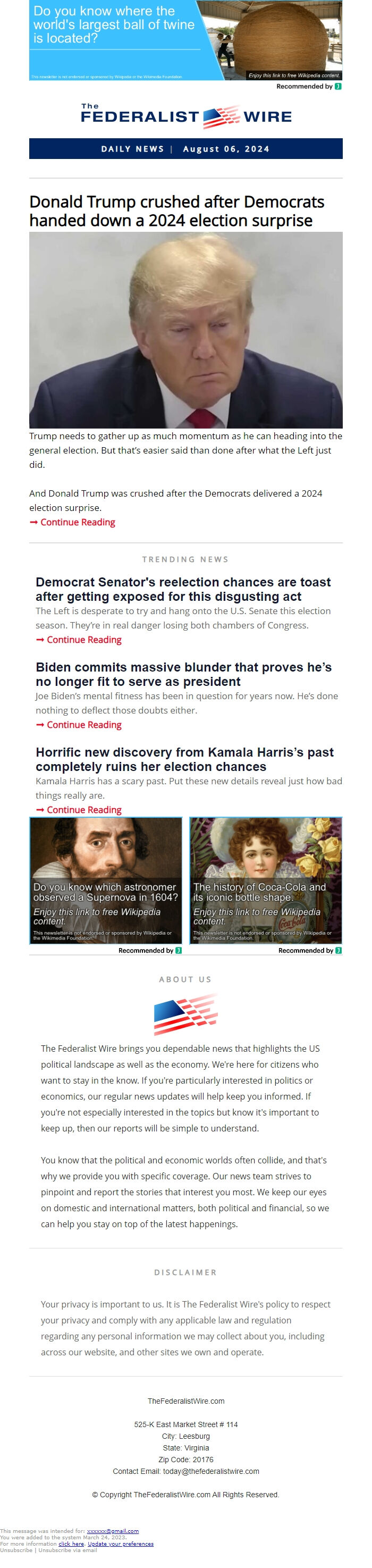 Screenshot of the email generated on import