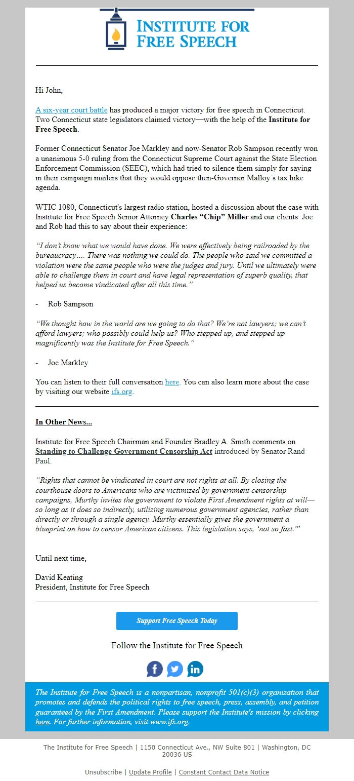 Screenshot of the email generated on import