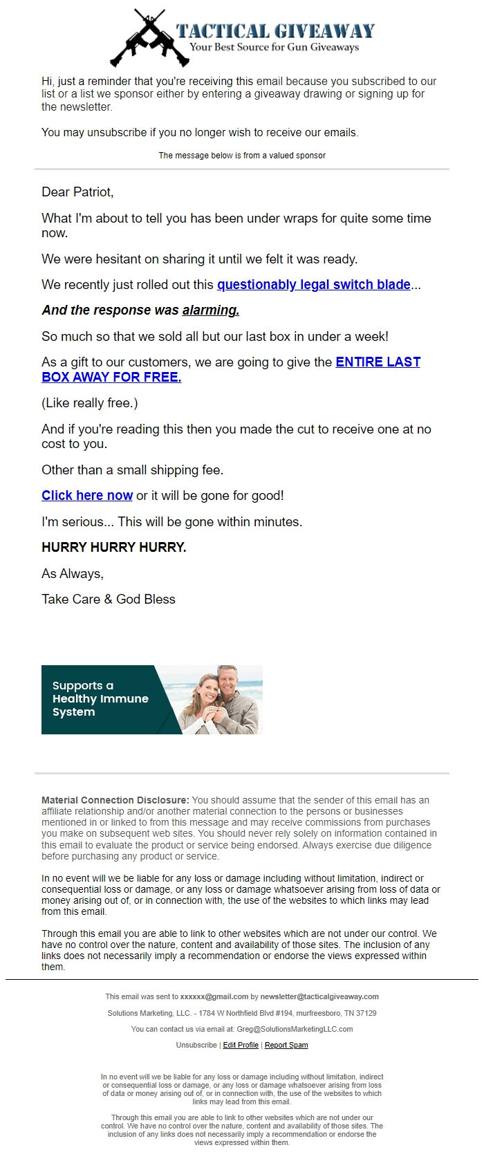 Screenshot of the email generated on import