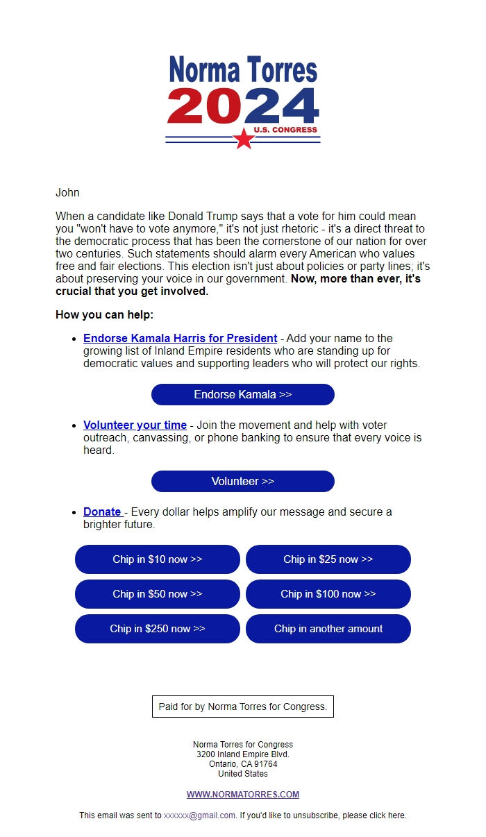 Screenshot of the email generated on import