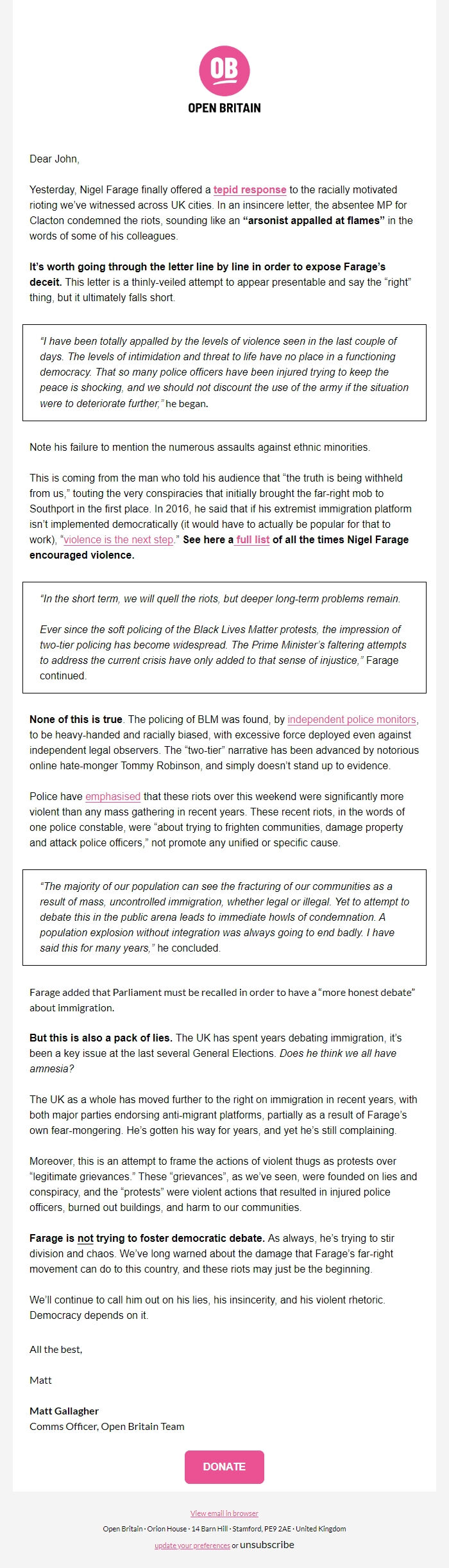 Screenshot of the email generated on import