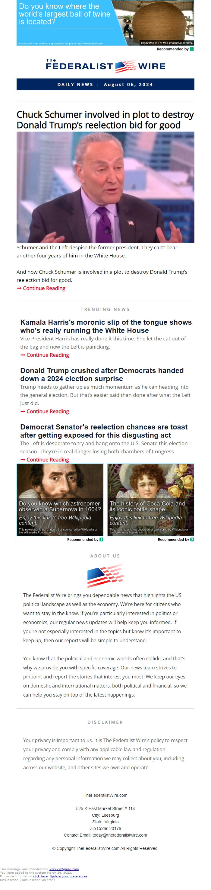 Screenshot of the email generated on import