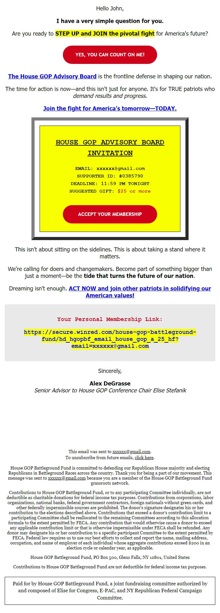 Screenshot of the email generated on import